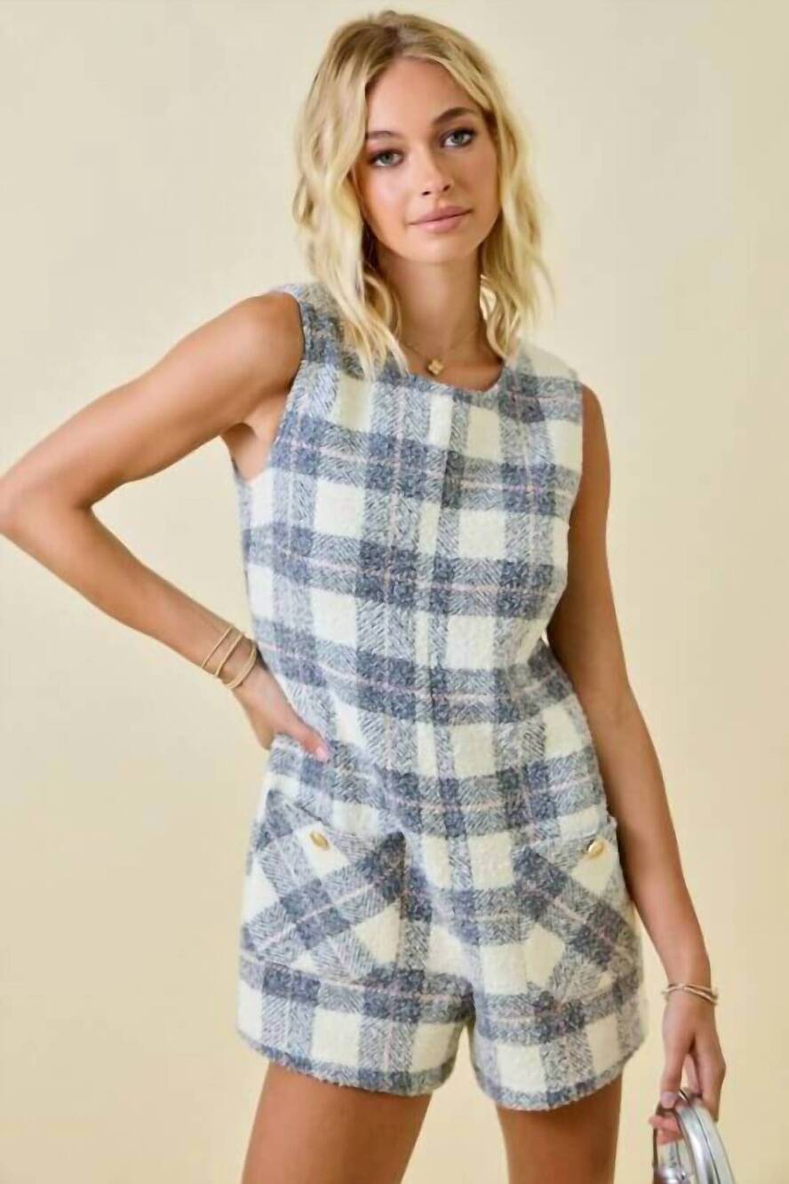 NEW DAY + MOON leigh plaid tweed romper in grey/ ivory